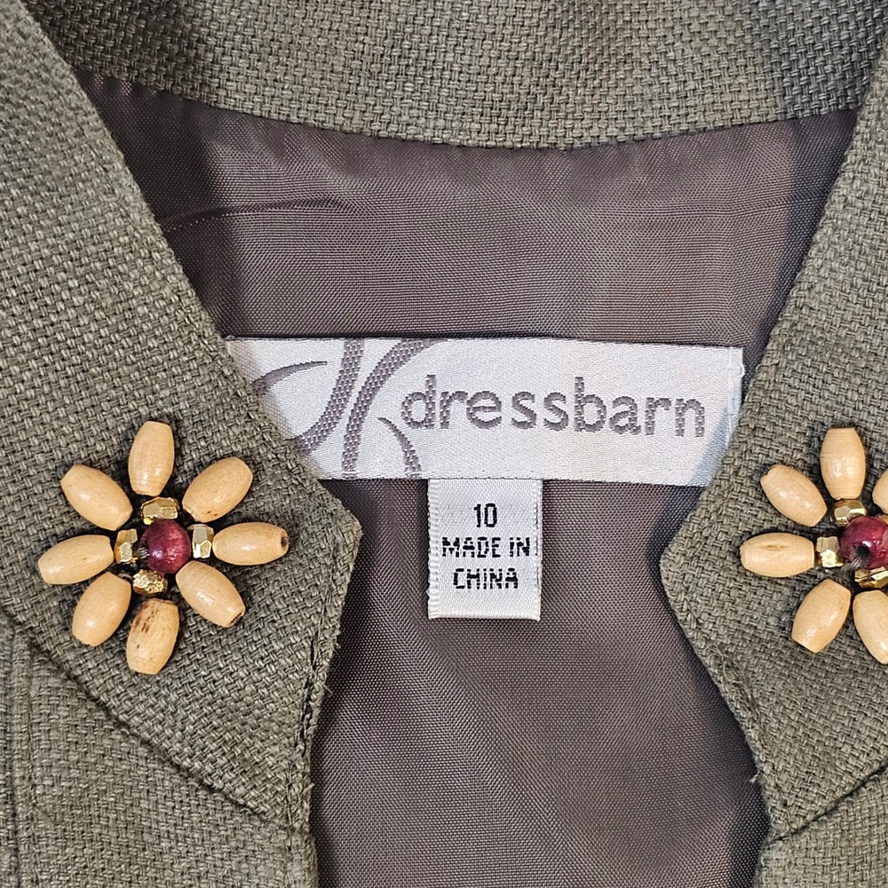 Dressbarn Olive Green Beaded Button Front Midi Dress ShortSleeve Size 10 Vintage - Picture 2 of 7